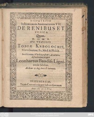 Disputatio Institutionum Anatomicarum VII. De Renibus Et Vesica