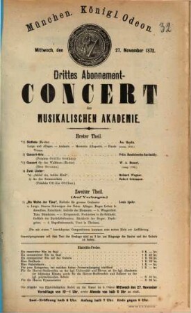 [Konzert-Programme des Königlichen Odeon in München und ähnlicher Münchener Veranstaltungen]. 32. 1872