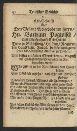 XI. Lob-Schrift über Den Weiland Wolgebohrnen Herrn/ Hn. Bartram Pogwisch ...