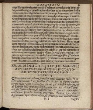 XV. M. Minucii Equitum Magistri Ad Versus Fabii Maximi Dictatoris Cunctationem Oratio.