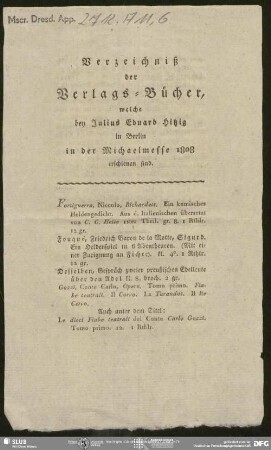 Verzeichniß der Verlags=Bücher, welche bey Julius Eduard Hitzig in Berlin in der Michaelismesse 1808 erschienen sind von Julius Eduard Hitzig, Berlin, 1808