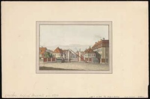 Detailansicht des Festungswerkes in Dresden, Aquarell, nach 1822 : Kannegießer, Friedrich August : [Das Seethor mit der Brücke und die Barriere] : [von der Vorstadt aus hinein gesehen : rechts das Wachthauß, links das Accishauß : Aufgenommen der Barriere grade über] / [Friedrich August Kannegießer]. - [Dresden] , [nach 1822]. - 1 Kunstblatt : Aquarell ; Bildgröße 13 x 17 cm, Blattgröße 24 x 36 cm // Titel von Blatt 34 aus: Dresden Festungswerke im Jahre 1811. - Dresden, Stengel & Markert, 1890, für das dieses Blatt als Vorlage diente