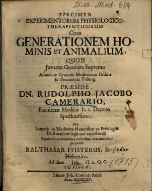 Specimen Experimentorum Physiologico-Therapeuticorum Circa Generationem Hominis Et Animalium