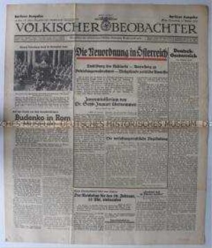 Tageszeitung "Völkischer Beobachter" u.a. zur "Neuordnung" Österreichs
