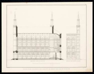Kirche in der Oranienburger Vorstadt, Berlin, Nr. 3: Längsschnitt, Seitenfassade (aus: Sammlung Architektonischer Entwürfe, Berlin 1858)