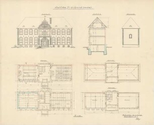 Schulhaus: Zeichnung zum Schulanbau der Gemeinde Gosenbach, hier: Außenansicht und Raumplan zum Kellergeschoss, Erdgeschoss, Obergeschoss und Dachgeschoss