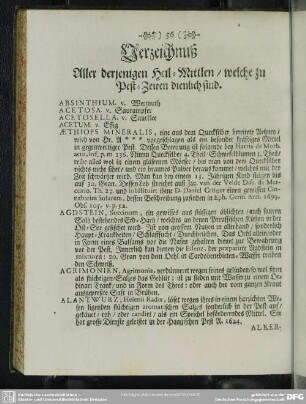 Verzeichnuß Aller derjenigen Heil-Mittlen, welche zu Pest- Zeiten dienlich sind