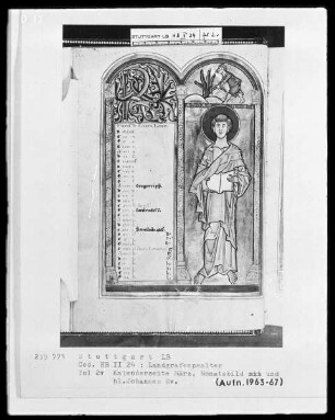 Psalterium (sogenannter Landgrafenpsalter) — Kalendar, Folio 1verso-7recto — Buchseite März mit Apostel Johannes Evangelista und Monatsbild, Folio 2verso