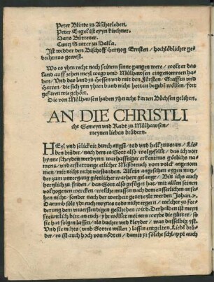 An Die Christliche Gemeyn und Radt zu Mülhawsen/ meinen lieben brüdern.