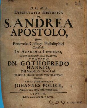 Dissertatio historica de S. Andrea Apostolo