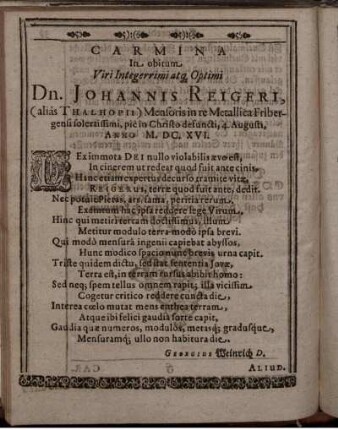 Carmina In obitum ... Dn. Johannis Reigeri ...