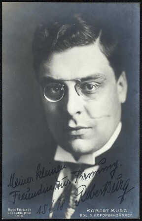 Porträt Robert Burg : Porträt Robert Burg (1890-1946; Bariton). Fotografie (Weltpostkarte mit Widmung und Datum 15.6.18) von Hugo Erfurth. Dresden, 1916