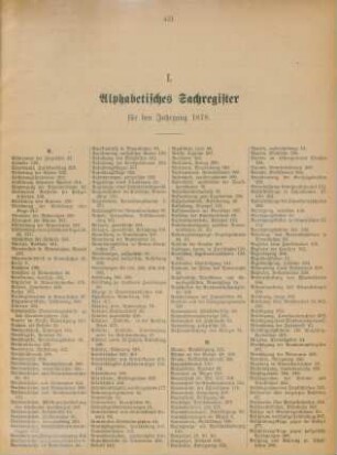 I. Alphabetisches Sachregister für den Jahrgang 1878