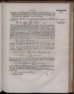 Mémoire sur l´intégration de plusieurs équations linéaires aux différences partielles, et particulièrement de l´équation générale du mouvement des fluides;