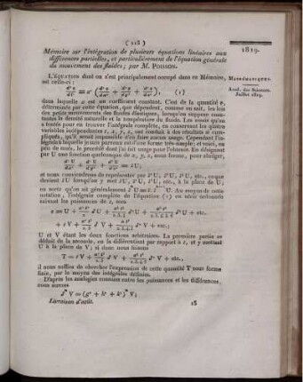 Mémoire sur l´intégration de plusieurs équations linéaires aux différences partielles, et particulièrement de l´équation générale du mouvement des fluides;