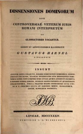 Dissensiones Dominorum : sive controversiae veterum iuris Romani interpretum, qui glossatores vocantur