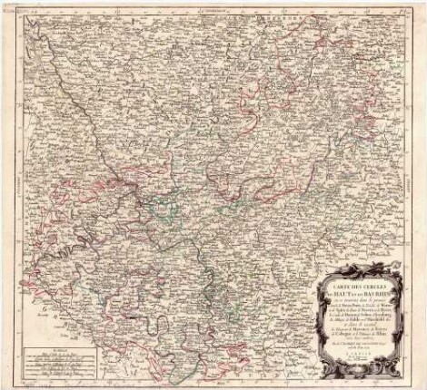 Carte Des Cercles Du Haut Et Du Bas Rhin : où se trouvent, dans le premier, le Duché de Deux-Ponts, les Evêchés de Worms et de Spire, les Etats de Nassau et de Hesse, les Comtés de Hanaw, de Solms, d'Isenburg, les Abbayes de Fulde et d'Hirchfeld &c. et dans le second, les Electorats de Mayence, de Trêves de Cologne, et le Palatinat du Rhin, avec leurs enclaves ; Avec Privilege