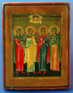 Heilige Barbara mit Krone und Kreuz mit der Heiligen Katharina, einem Engel und der Heiligen Agathe