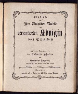Predigt, vor Ihro Königlichen Majestät der verwittweten Königin von Schweden