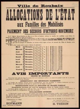 "Ville de Roubaix; Allocations de L'Etat aux Familles des Mobilisés. Paiement des secours d'Octobre-Novembre" (Auszahlungen an Angehörige von Mobilisierten)