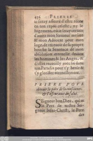 Priere Pour obtenir la paix de la conscience, & l'asseurance du salut.