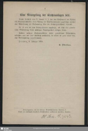 Eine Neuregelung der Kirchenanlagen betr.
