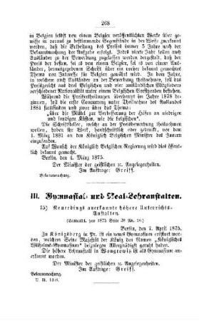 Neuerdings anerkannte höhere Unterrichts-Anstalten : [III. Gymnasial- und Real-Lehranstalten]