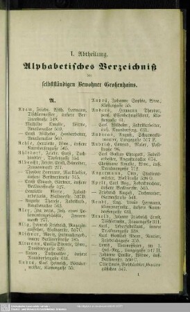 I. Einwohnerverzeichnis : I. Abtheilung. Alphabetisches Verzeichniß der selbstständigen Bewohner Großenhains
