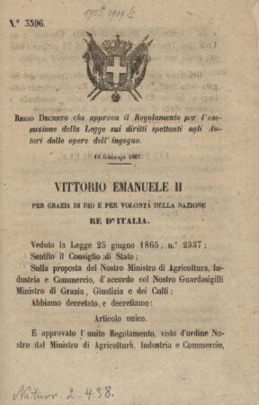 Regio decreto che approva il regolamento per l'esecuzione della legge sui diritti spettanti agli autori delle opere dell'ingegno