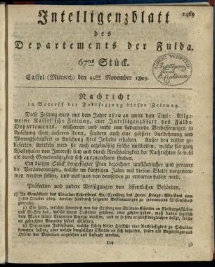 67tes Stueck, (Mitwoch) den 29ten November 1809