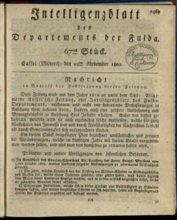 67tes Stueck, (Mitwoch) den 29ten November 1809