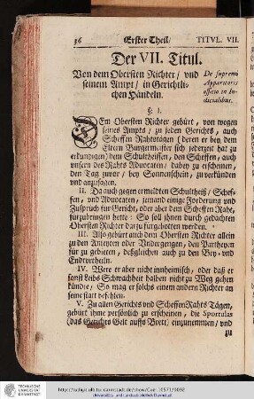 Der VII. Titul Von dem Obersten Richter und seinem Ampt in Gerichtlichen Handeln