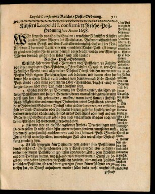 Käysers Leopoldi I. confirmirte Reichs-Post-Ordnung, de Anno 1698