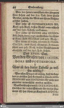 Das XVIII. Cap. Von den Grafen von Zinzendorf und Pottendorf