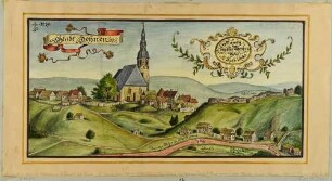 Stadtansicht von Dohna mit Kirche und Burgruine im Zustand von 1690 nach einer Zeichnung von H. A. Nienborg, Vorzeichnung für Veröffentlichung in der Zeitschrift "Bergblumen"