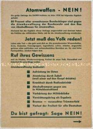 Propagandaflugblatt der IG Metall mit dem Aufruf zu einer Großkundgebung gegen die atomare Aufrüstung