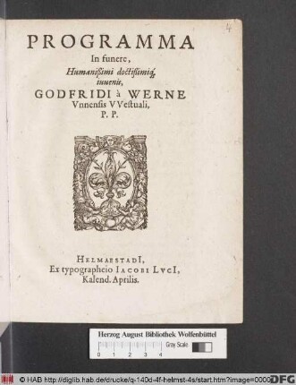 Programma In funere, Humanißimi doctißimiq[ue] iuvenis, Godfridi a Werne Unnensis Westuali, P. P.