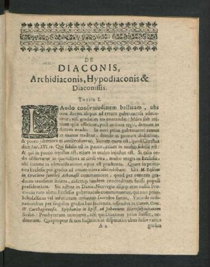 De Diaconis, Archidiaconis, Hypodiaconis & Diaconissis. Thesis I. - XXXIII