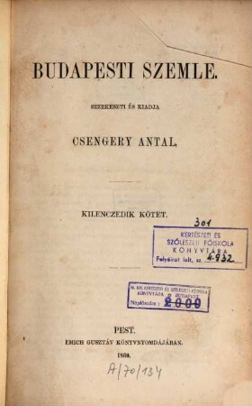 Budapesti szemle : a Magyar Tud. Akadémia megbízásából, 9. 1860