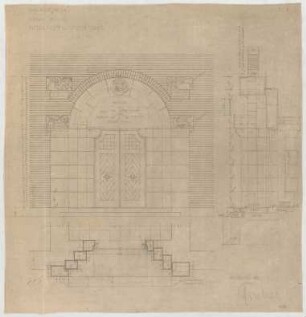 Fischer, Theodor; Gauting / Starnberg (Bayern); Ev. Christuskirche - Eingang (Grundriss, Ansicht, Schnitt)