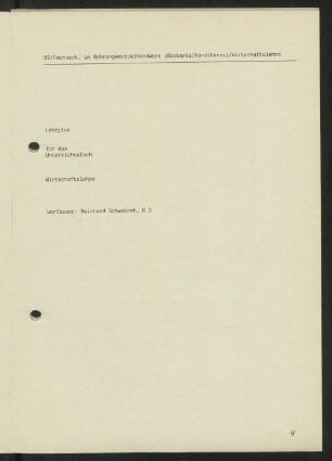 Lehrplan für das Unterrichtsfach Wirtschaftslehre