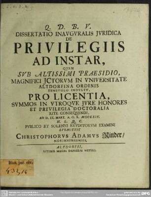 Dissertatio Inauguralis Iuridica De Privilegiis Ad Instar