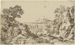 Ausblick auf eine Landschaft mit Burgruine im Mittelgrund