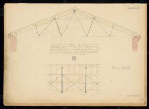Eiserner Dachträger Monatskonkurrenz Januar 1847: Aufriss längs und quer; Maßstabsleiste, Erläuterungstext