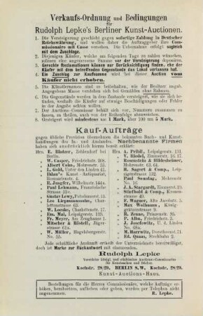 Verkaufs-Ordnung und Bedingungen für Rudolph Lepke's Berliner Kunst-Auctionen