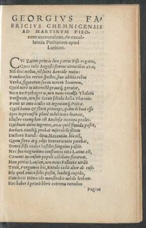 Georgius Fabricius Chemnicensis Ad Martinum Pisonem avunculum, de excellentia Poetarum apud Latinos.