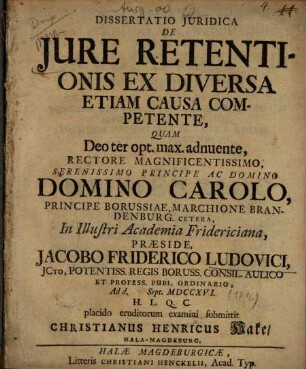 Dissertatio Juridica De Jure Retentionis Ex Diversa Etiam Causa Competente