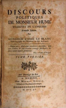 Discours Politiques De Monsieur Hume : Traduits De L'Anglois, Tome Premier