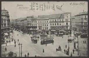 Ansichtskarte Straßenkreuzung mit Kutschen und Möbelhalle, Moritzplatz
