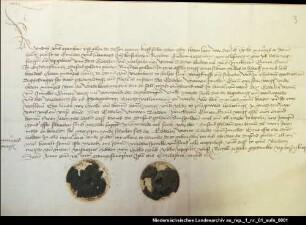 Hicko von Dornum quittiert der Gräfin Theda und dem Grafen Enno I. von Ostfriesland über 1000 Gulden für Maurits von Dornum = OUB II, Nr. 1051, S. 137 Anhängende Siegel 1 und 2 beschädigt erhalten